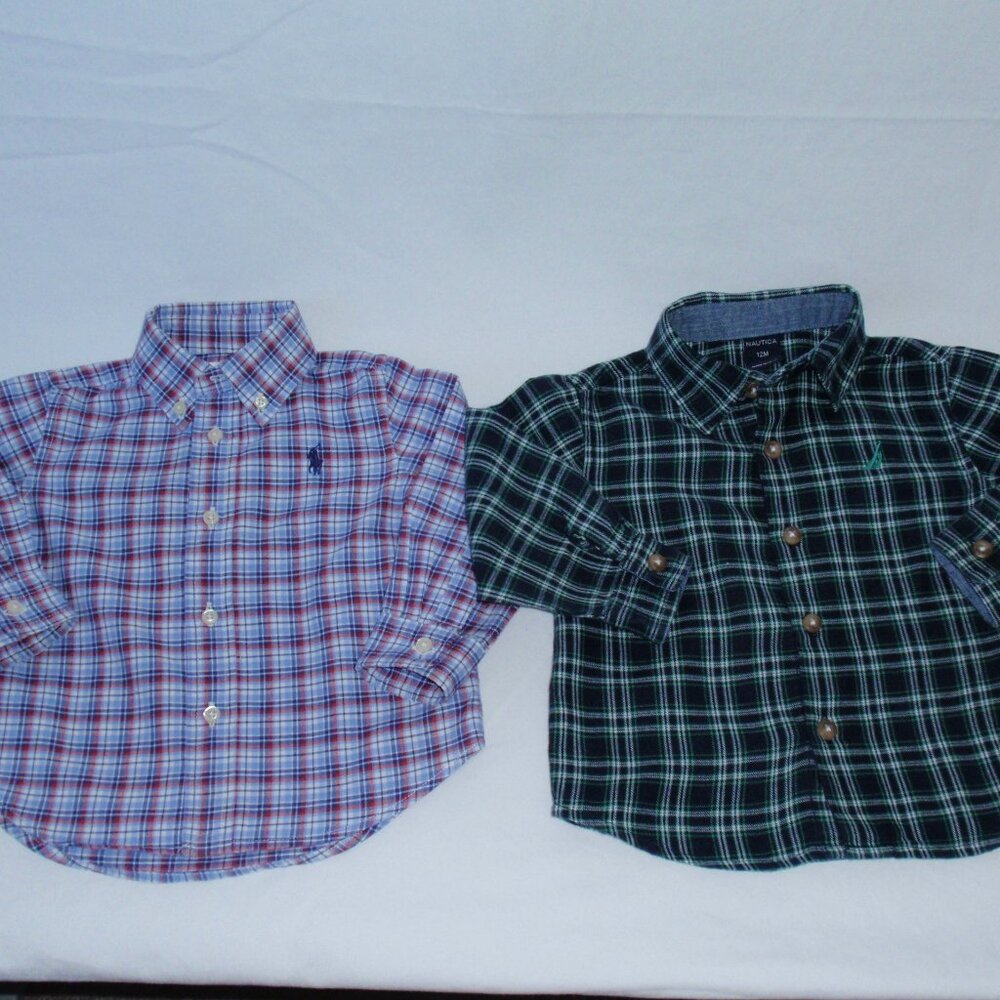 Lot of 2 Boys Ralph Lauren Nautica Plaid Long Sleeve Button Up Shirt Sz 12m